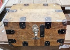 Small pine and metal bound travelling box with hinged lid, 46cm wide