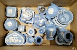 Collection of 20th century Wedgwood blue jasperware including pair of scalloped caddy spoons, pair