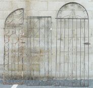 Three various garden gates, wrought iron scrollwork decoration, rectangular, half-arch and full