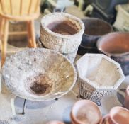 Pair of squat reconstituted stone planters with moulded decoration, 44cm x 22cm, a flared