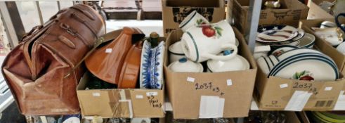 A vintage leather Gladstone bag, a copper frying pan, a China Pearl part dinner service and