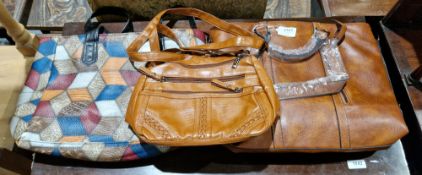 Three contemporary leather handbags, one patchwork design by Mala Leather, the other two in tan (3)