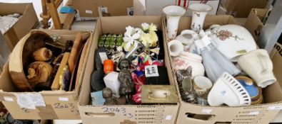 Three boxes of assorted ceramics and houshold items to include a hand-painted vase by Aud-Therese