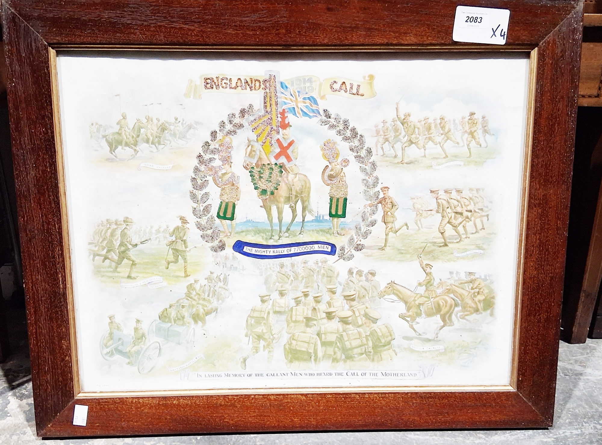 Framed WWI colour print with over painting and glitter decoration, in mahogany frame, a Margaret