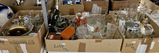 Three boxes of assorted glassware and to include a punch bowl with cups and ladle, a Jack Daniels