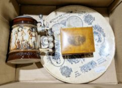 A Mauchlineware small box printed with Guys Cliff House, a German pewter mounted stein moulded