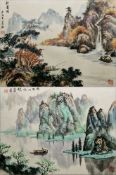 Pair watercolours  Pair waterside landscapes with mountains, signed with character and seal marks,