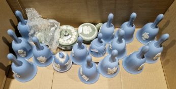 Collection of Wedgwood table bells mostly applied with flowers, a bust, two sage green jasperware