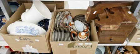 Two boxes of china to include Japanese part tea/dinner service, a Wedgwood Etruria & Barlaston urn