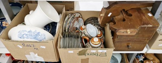 Two boxes of china to include Japanese part tea/dinner service, a Wedgwood Etruria & Barlaston urn