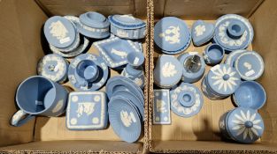 20th century Wedgwood blue jasperware including a pair of chamber candlesticks, a pair of