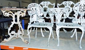 Cast iron weathered pub style garden table, 60cm diameter with a pair of cast aluminium garden