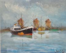 Oil canvas of boat at a marina, two framed records of the minutes of the meeting of the directors of