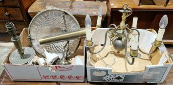 Brass Dutch-style five-light candelabrum, electrified, a brushed gilt metal banker's style desk