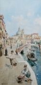 Possibly Antonio Rizzi (1932-1999)  Watercolour drawing Venetian canal scene with figures in