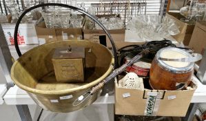 Large late 19th/early 20th century brass jam pan with iron handle and assorted collectables