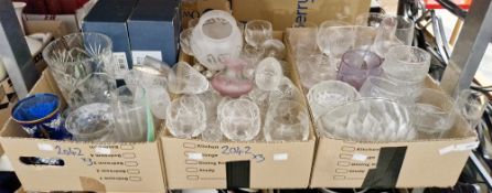 Three boxes of assorted glassware to include a Caithness vase, a set of six Stuart Crystal hock