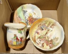 Group of Royal Doulton English Scenes wares including a jug printed with The Gleaners, a footed bowl