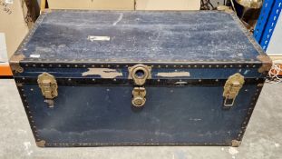 Large blue brass bound suit case and a wooden brass bound stationery cabinet (2).
