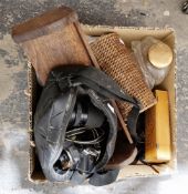 One box containing a Canon EOS 750 camera with lens and flash, a vintage wooden shelf , a boxed