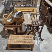 Two string-top wooden stools, two wicker baskets and a rush waste paper basket together with a