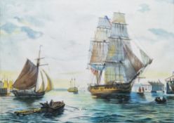 E. V. Tol??? (early 20th century) Watercolour Harbour scene with tall masted ship, figures in rowing