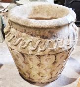 Unusual cast stone garden planter with moulded scroll/knot work decoration, 44cm diameter x 40cm