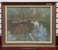 M.J. Norton Oil on baord River scene with reflection of tree, signed lower right, together with a