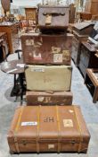 Five vintage suitcases including leather and wooden and metal bound examples (5).