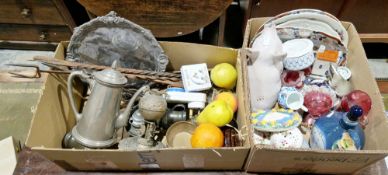 Assorted ceramics and glass including Victorian cranberry salts with crimped rims, a pottery model