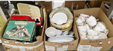 Three boxes of china and household items to include a Colclough part tea service, a Sheurich West