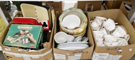 Three boxes of china and household items to include a Colclough part tea service, a Sheurich West