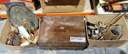 Edwardian oak canteen with beaded top, blue felt interior and lower drawer and a box of assorted