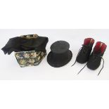 A pair of vintage gout boots circa 1938, a vintage brown net hat with faux rose, two vintage