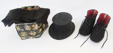 A pair of vintage gout boots circa 1938, a vintage brown net hat with faux rose, two vintage