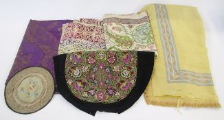 Various textiles, to include a large piece of purple silk brocade, circa 1930's/40's, a large yellow