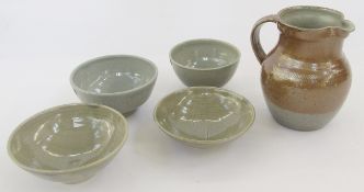 Five Ray Finch (1914-2012) for Winchcombe items to include two olive green shallow bowls, one with