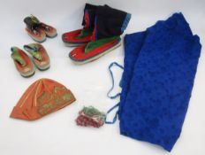 Tibetan national dress to include embroidered boots and two pairs of child's embroidered boots (1