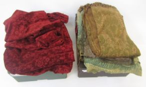 A pair of velvet deep red curtains and assorted fabrics, bedspread (2 boxes)