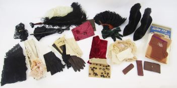 Assorted accessories to include buttons, gloves, feathers, two silk and lace garters, a corset