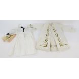 Mid-century linen child's dress, embroidered with flowers, broderie anglaise trim, side pockets