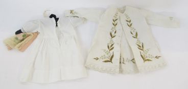 Mid-century linen child's dress, embroidered with flowers, broderie anglaise trim, side pockets