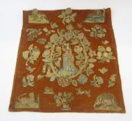 Late 17th century needlework samples cut out from the original linen base, stitched onto brown