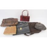 Large quantity of vintage bags to include a crocodile attache case, a suede attache case, a Mappin &