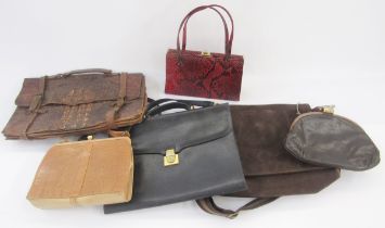 Large quantity of vintage bags to include a crocodile attache case, a suede attache case, a Mappin &