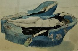 Edmond Delescluze (Belgium, 1905-1993) Watercolour and charcoal on paper Girl on a sofa, signed