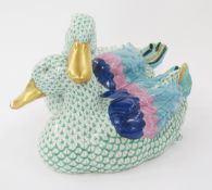 Pair of large Herend nesting ducks, each with gilt beak, green fishnet/scale decoration, blue,