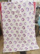 Two pairs of curtains, silk embroidered anemones on linen, interlined, 330.2cm wide x 256.54cm drop