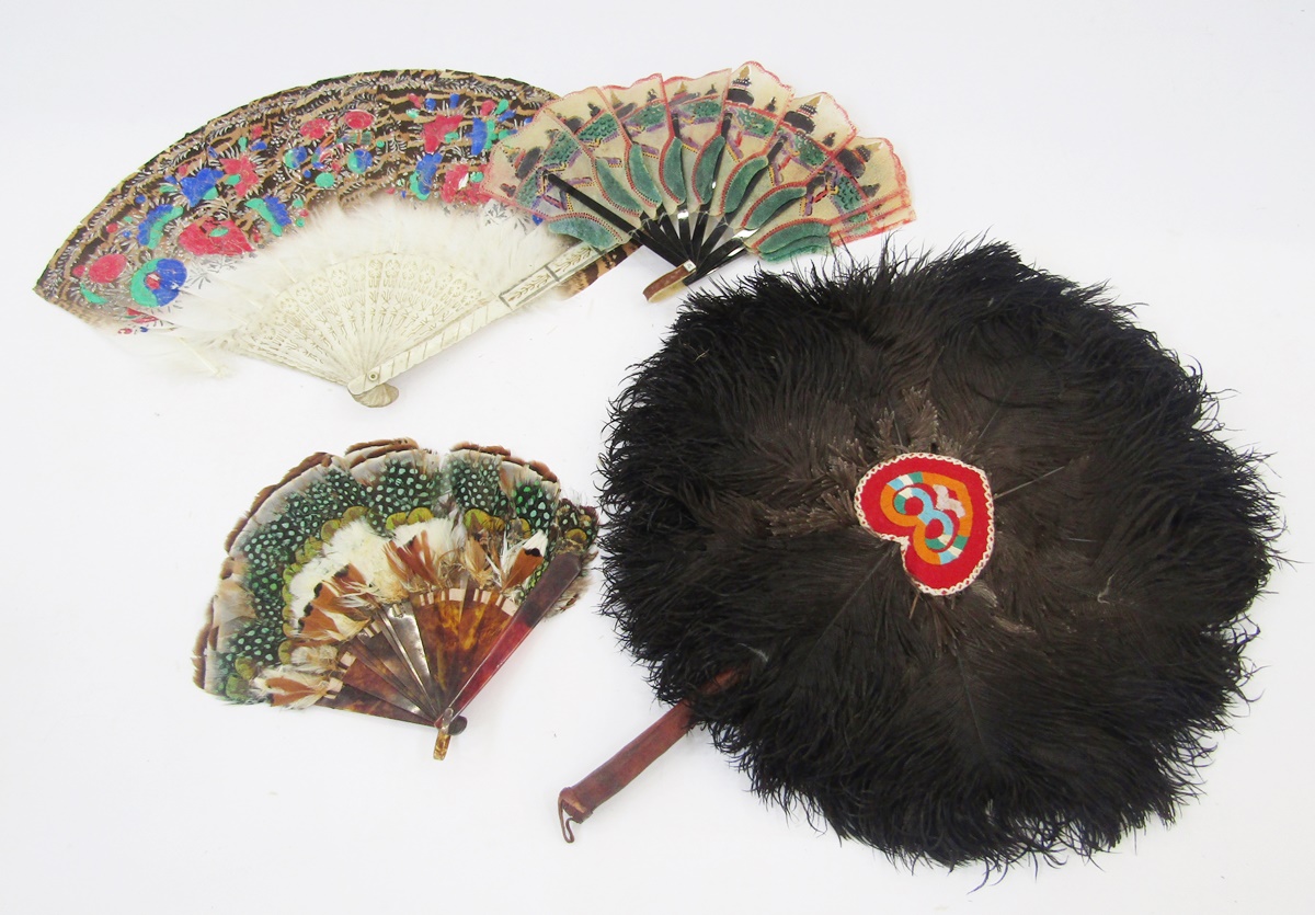 Various antique fans, Chinese with carved bone sticks and guards, feathers painted in bright colours