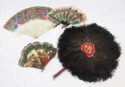 Various antique fans, Chinese with carved bone sticks and guards, feathers painted in bright colours